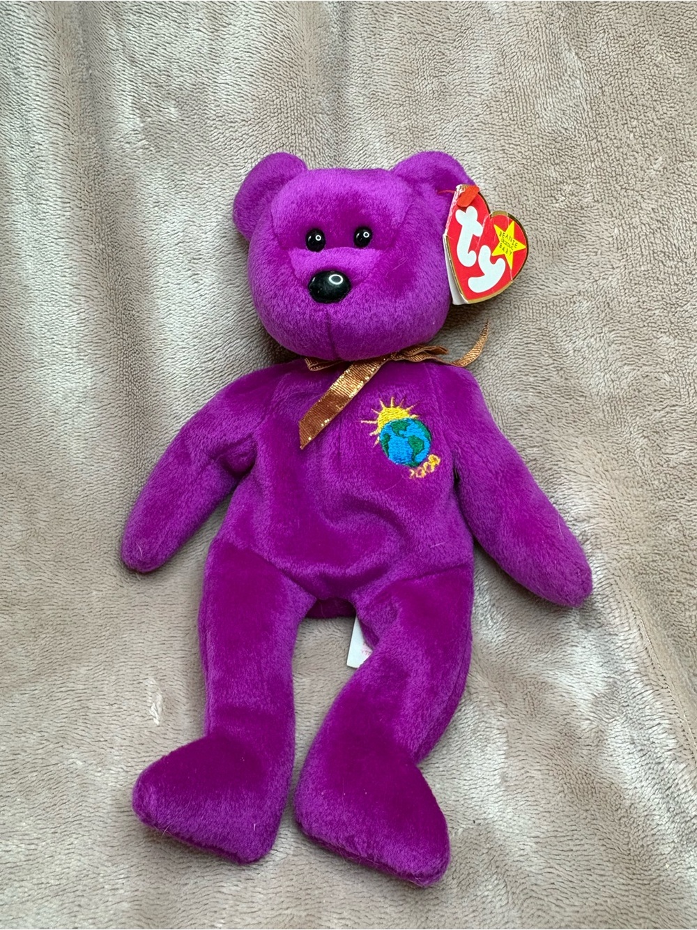 TY Beanie Baby Millennium Bear 1999 Purple Globe 2000 Retired With Tags